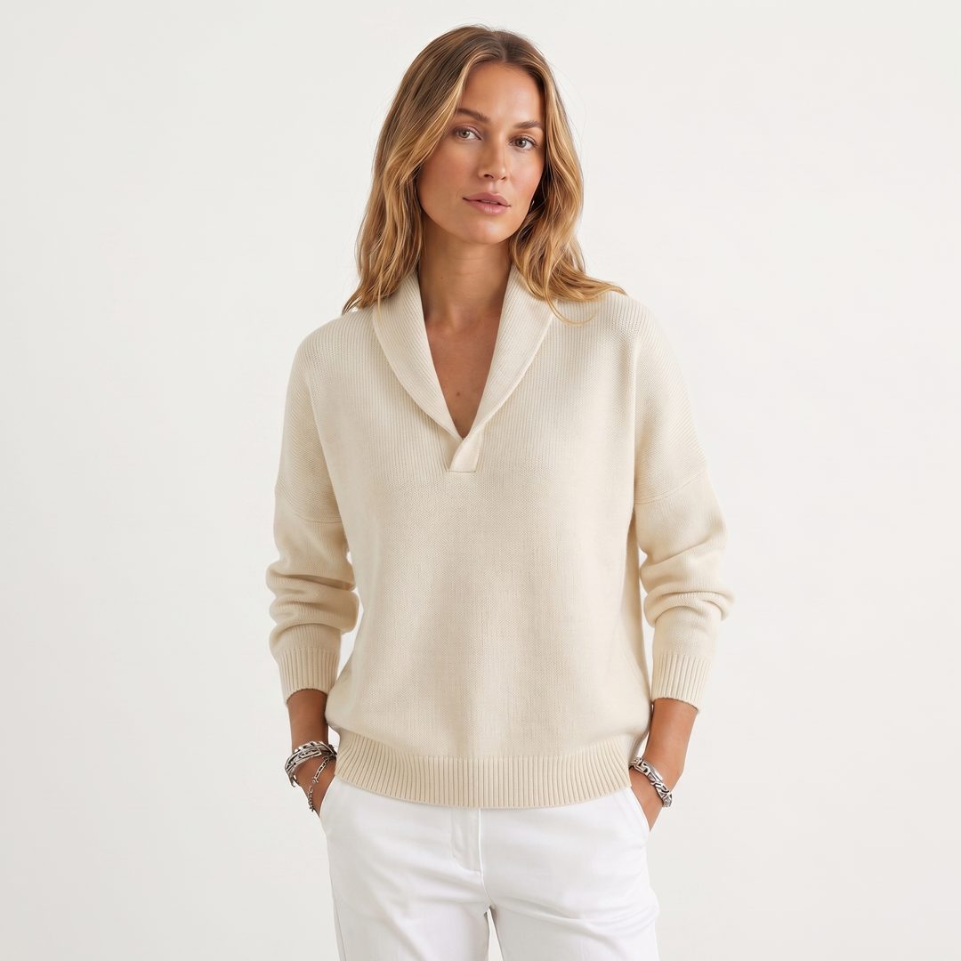 V-Neck Relaxed Knit Pullover for Women - White