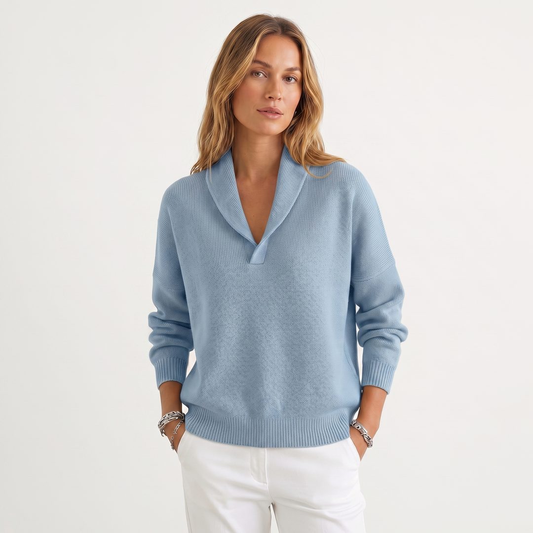 V-Neck Relaxed Knit Pullover for Women - Sky Blue