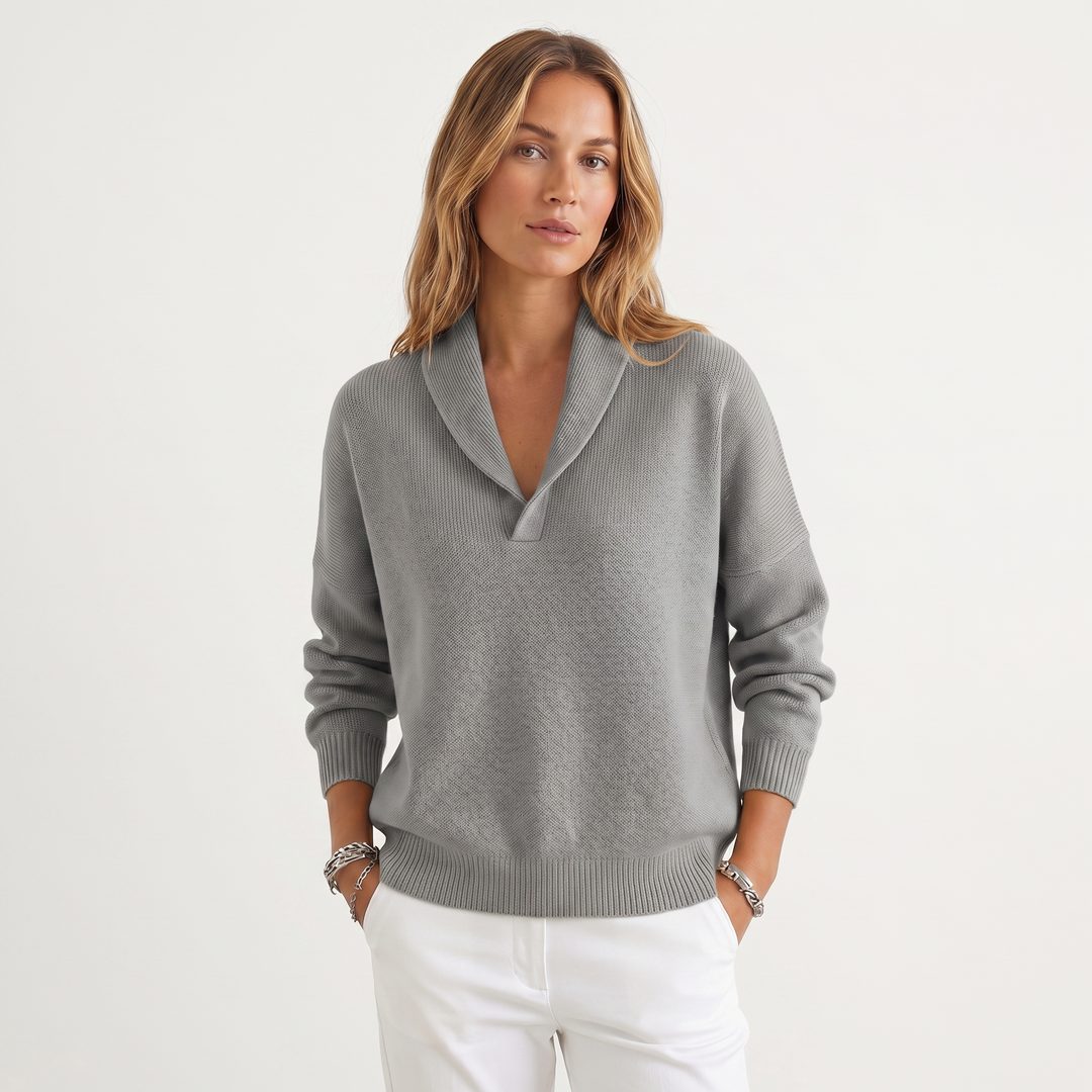 V-Neck Relaxed Knit Pullover for Women - Grey