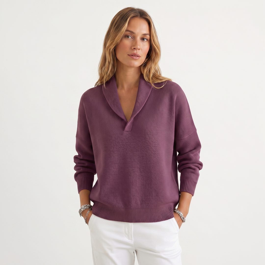 V-Neck Relaxed Knit Pullover for Women - Purple