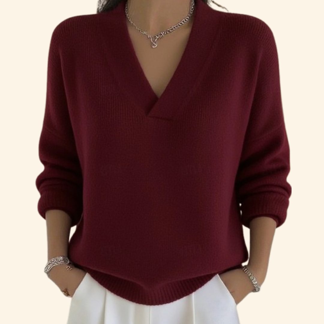 V-Neck Ribbed Knit Sweater for Women