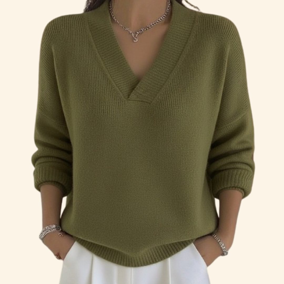 V-Neck Ribbed Knit Sweater for Women - Vert