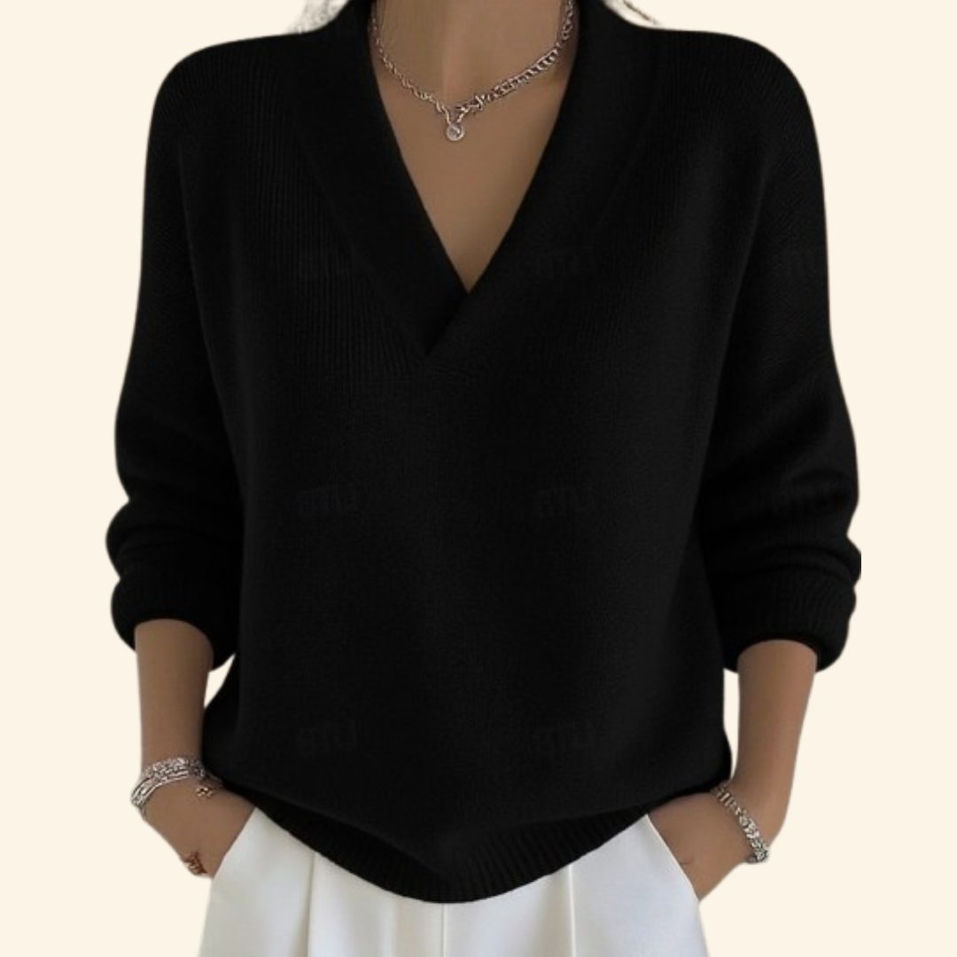 V-Neck Ribbed Knit Sweater for Women - Noir