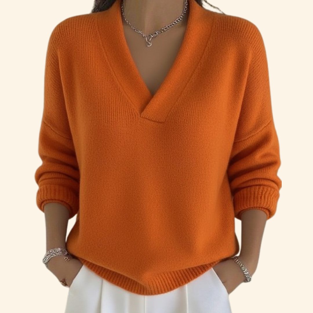 V-Neck Ribbed Knit Sweater for Women - Orange