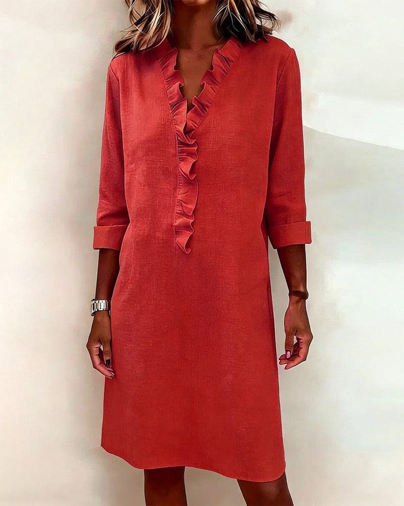 V-Neck Ruffle Straight Dress for Women - Rouge