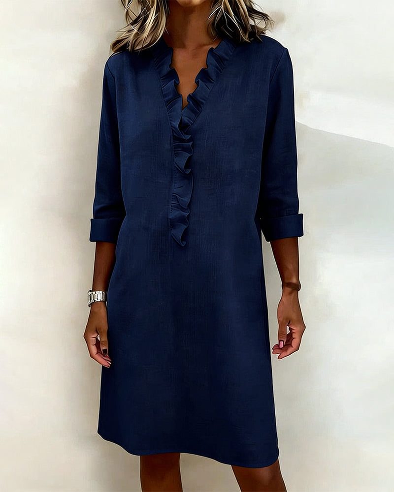V-Neck Ruffle Straight Dress for Women - Bleu marine