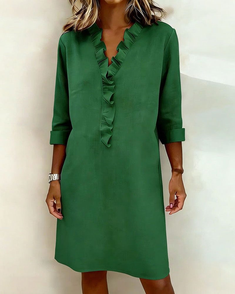 V-Neck Ruffle Straight Dress for Women - Vert
