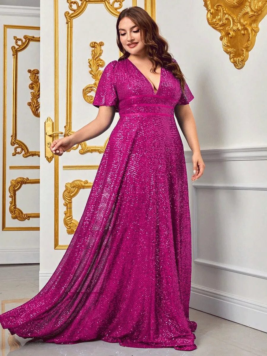Sequin Maxi Dress with Flutter Sleeves and Empire Waist for Women