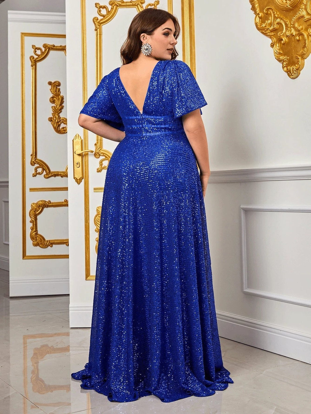 Sequin Maxi Dress with Flutter Sleeves and Empire Waist for Women - View 4