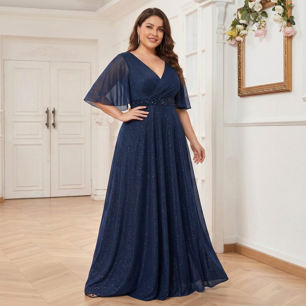 V-Neck Short Sleeve Shimmer Maxi Dress for Women