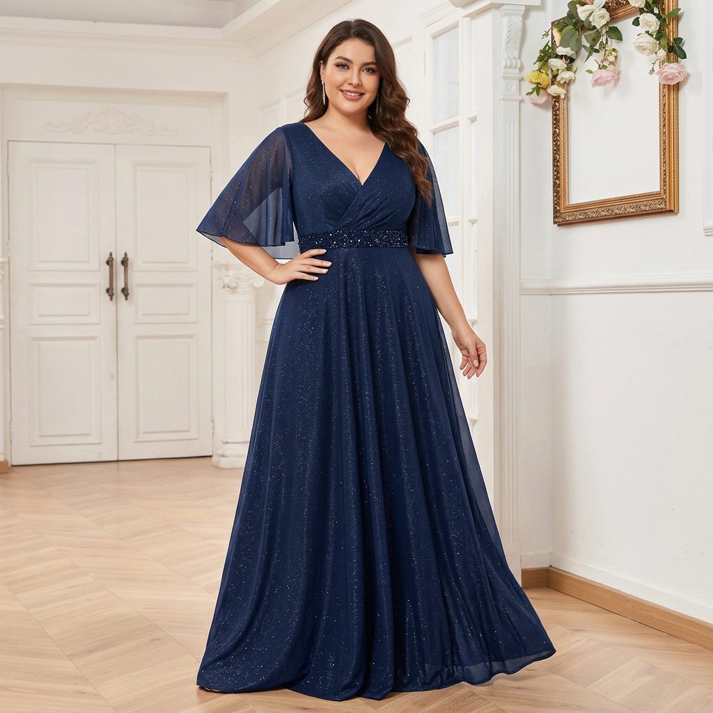 V-Neck Short Sleeve Shimmer Maxi Dress for Women - Blue