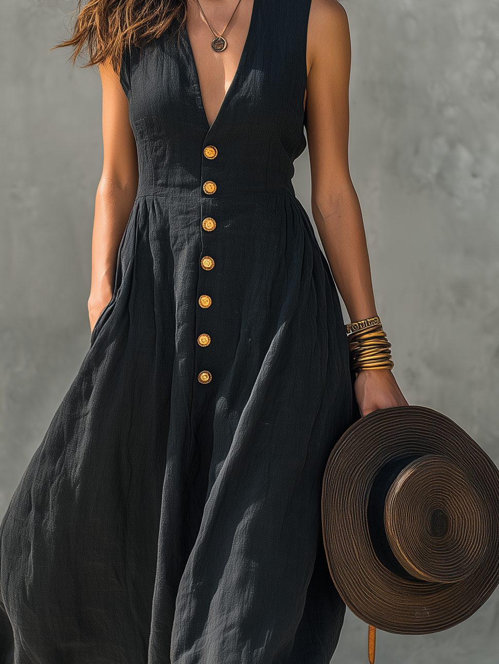 V-Neck Sleeveless Linen Maxi Dress for Women - View 4