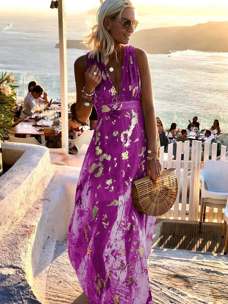 V-Neck Sleeveless Maxi Sequin Dress for Women - Violet