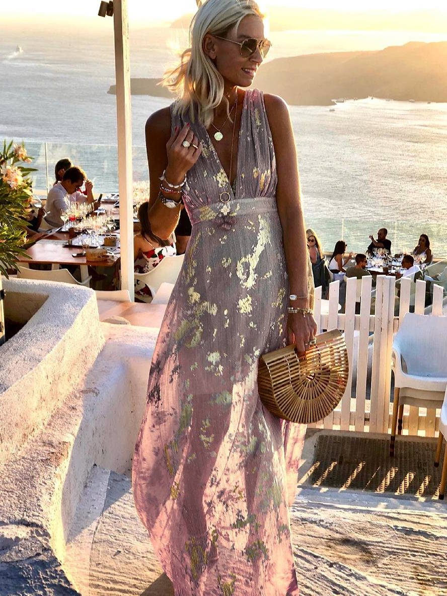 V-Neck Sleeveless Maxi Sequin Dress for Women - Rose