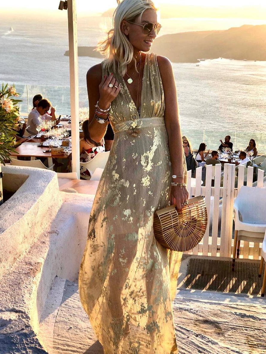 V-Neck Sleeveless Maxi Sequin Dress for Women - Yellow