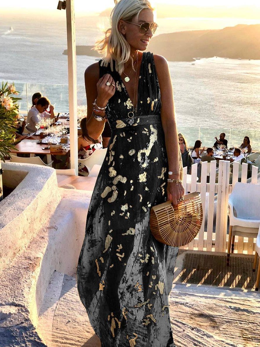 V-Neck Sleeveless Maxi Sequin Dress for Women - Black