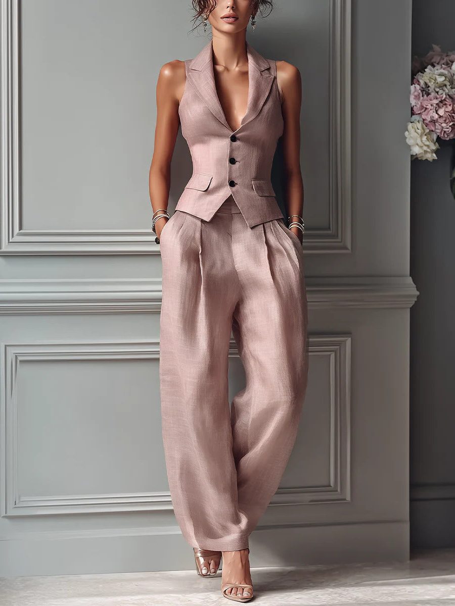 V-Neck Sleeveless Wide Leg Pantsuit Set for Women