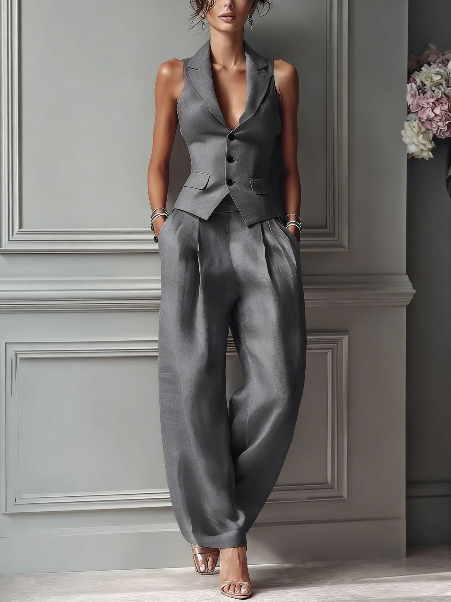 V-Neck Sleeveless Wide Leg Pantsuit Set for Women - Gris