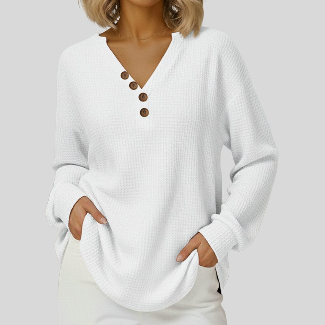 V-Neck Waffle Knit Sweater for Women