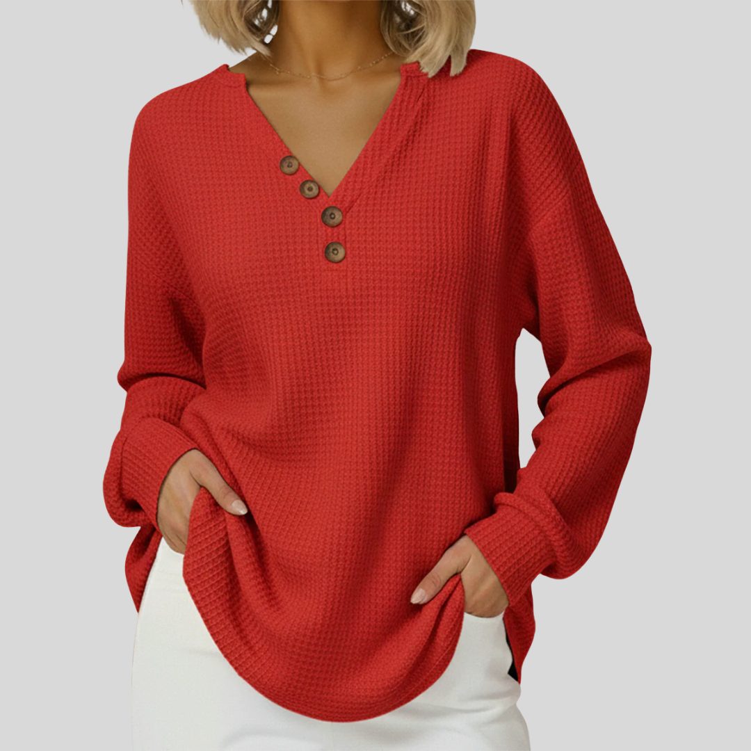 V-Neck Waffle Knit Sweater for Women