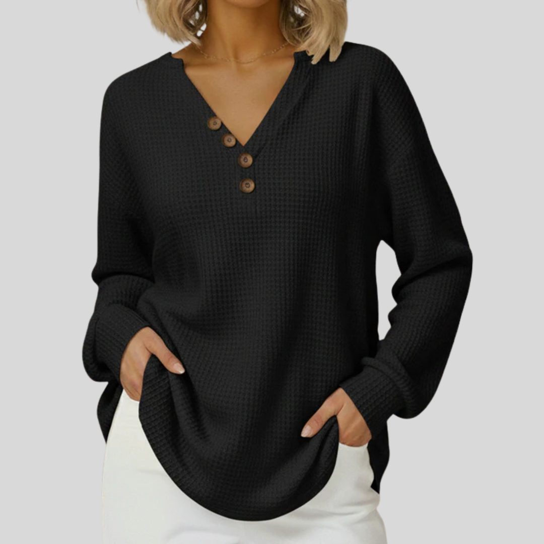 V-Neck Waffle Knit Sweater for Women - Black