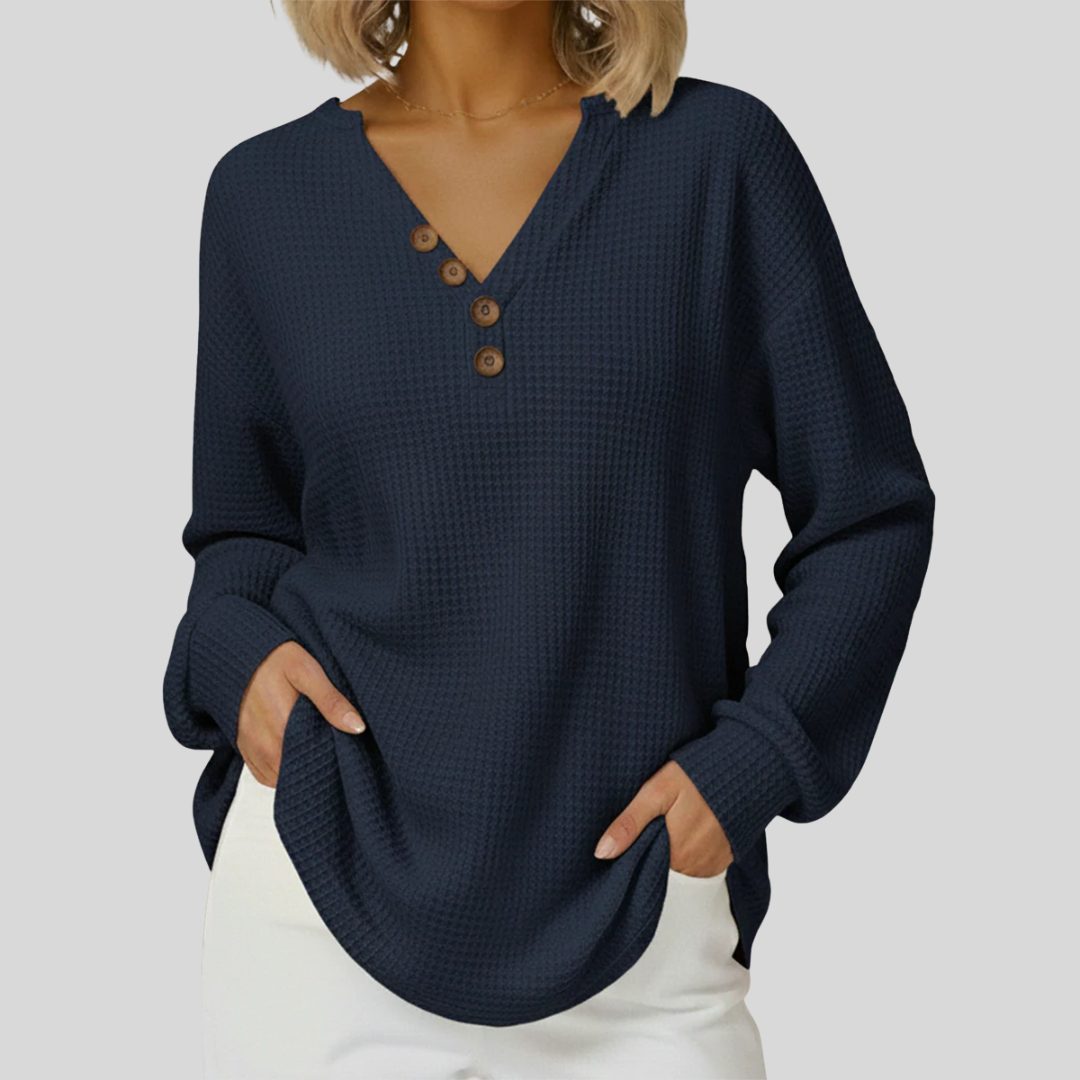 V-Neck Waffle Knit Sweater for Women - Navy Blue