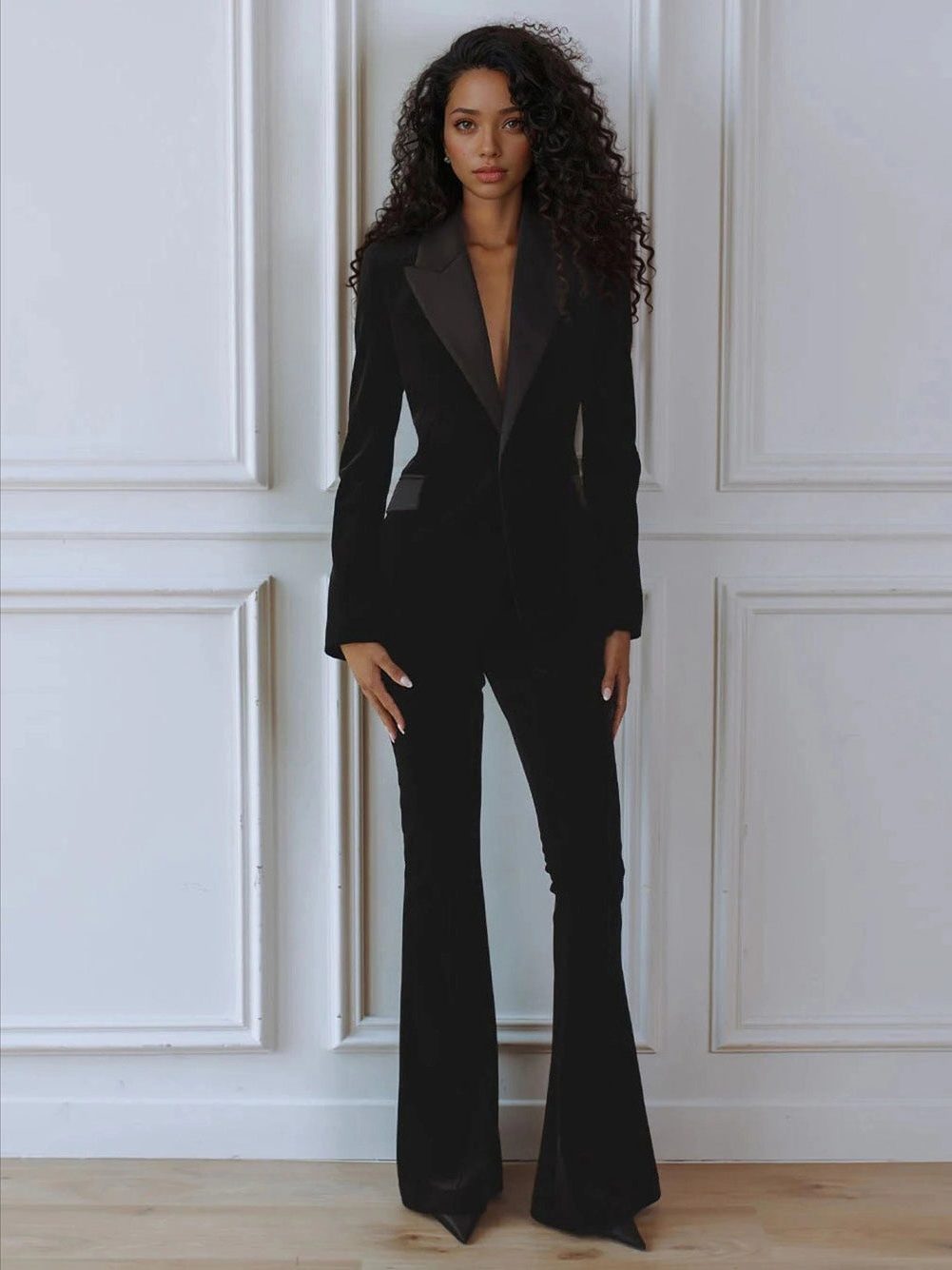 Velvet Blazer Flare Trouser Set for Women - Black