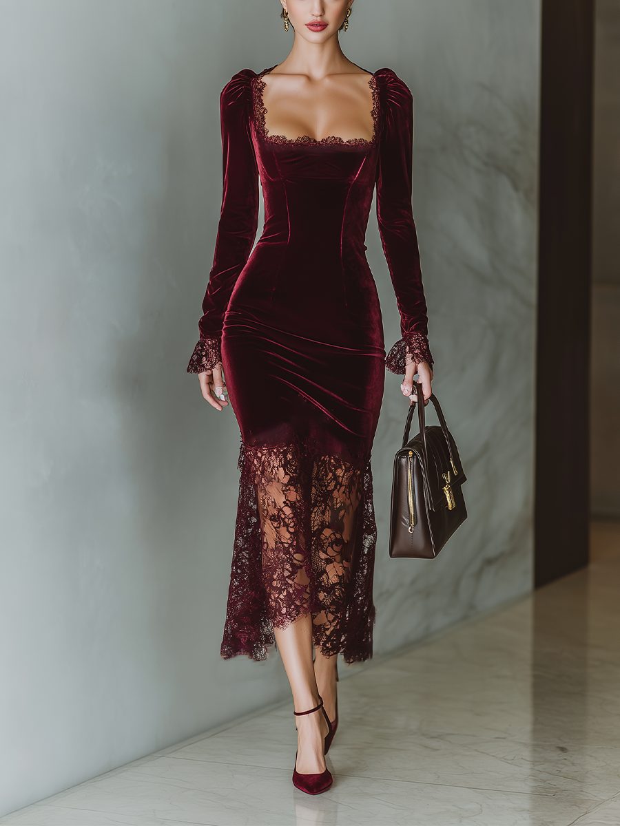 Velvet Maxi Dress with Lace Trim and Long Sleeves for Women - Burgundy