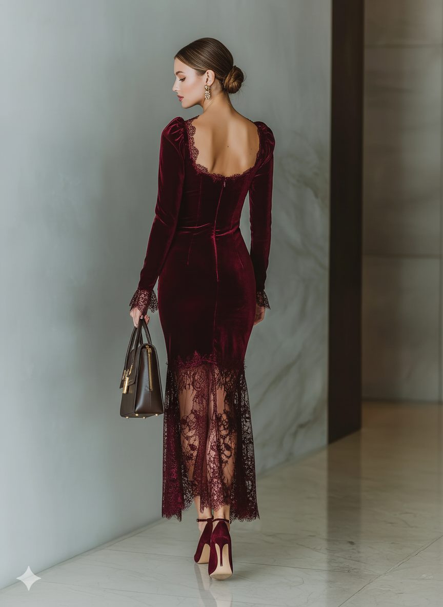 Velvet Maxi Dress with Lace Trim and Long Sleeves for Women - View 10