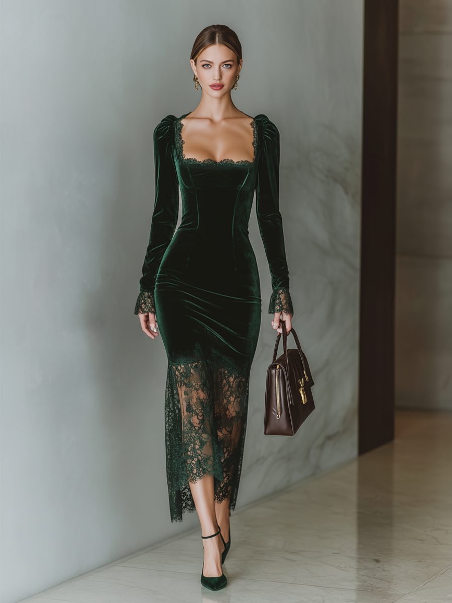 Velvet Maxi Dress with Lace Trim and Long Sleeves for Women - Dark green