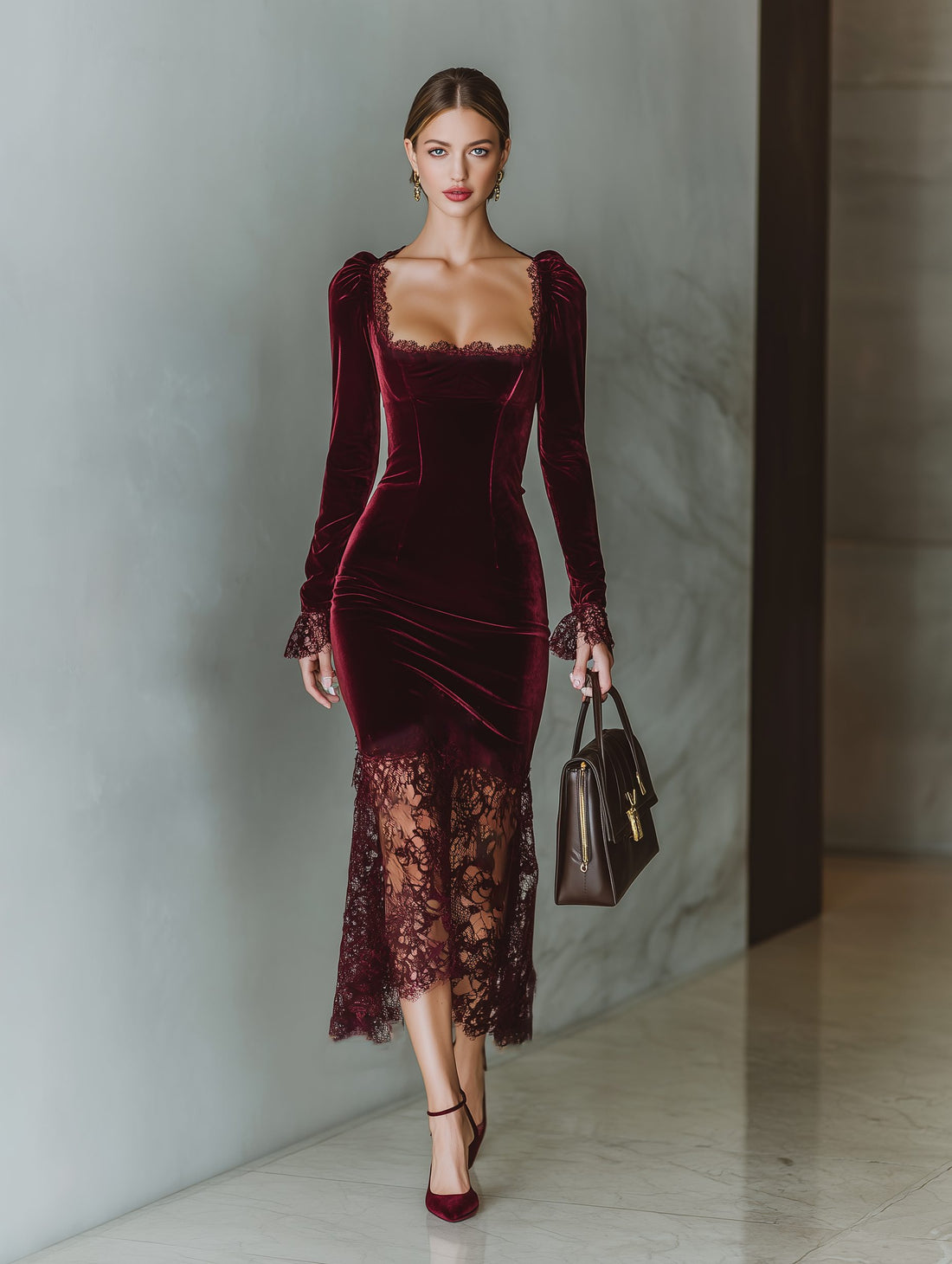 Velvet Maxi Dress with Lace Trim and Long Sleeves for Women