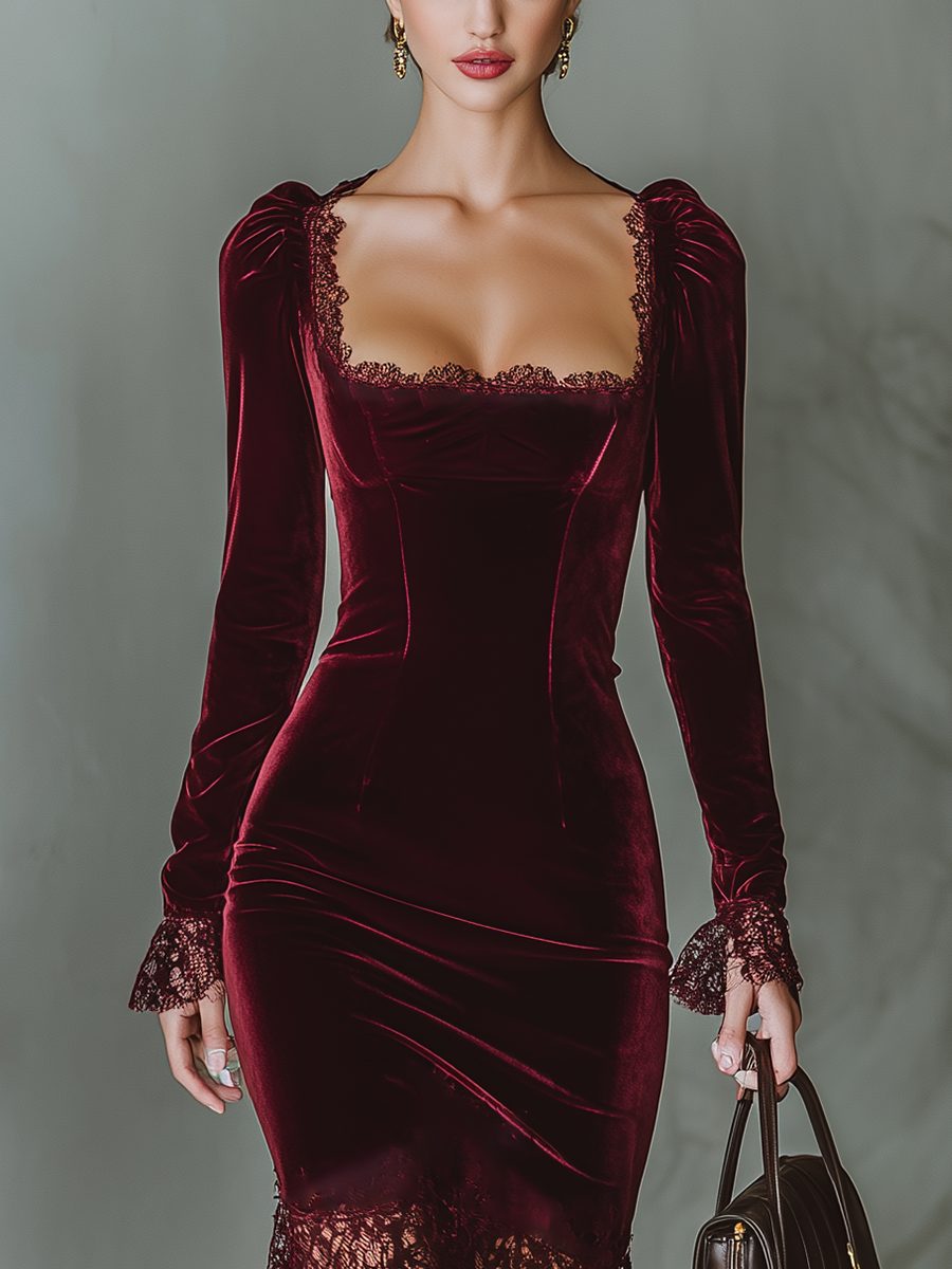 Velvet Maxi Dress with Lace Trim and Long Sleeves for Women - View 7