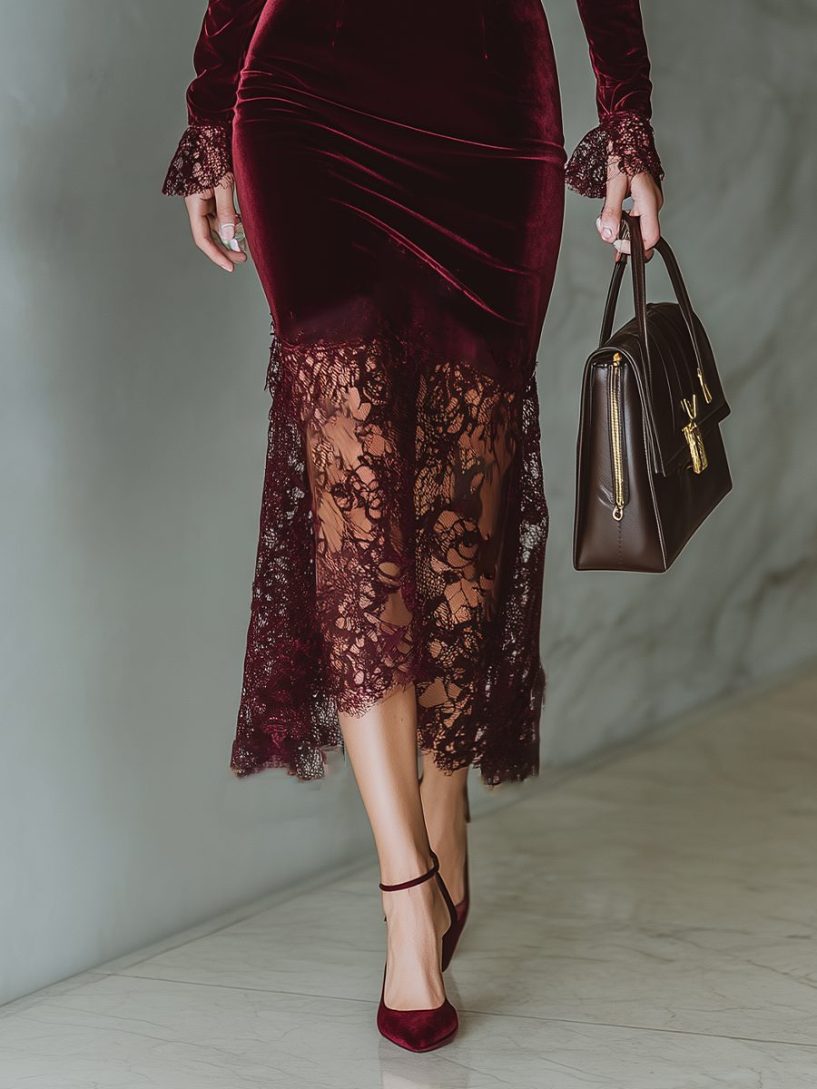 Velvet Maxi Dress with Lace Trim and Long Sleeves for Women - View 8