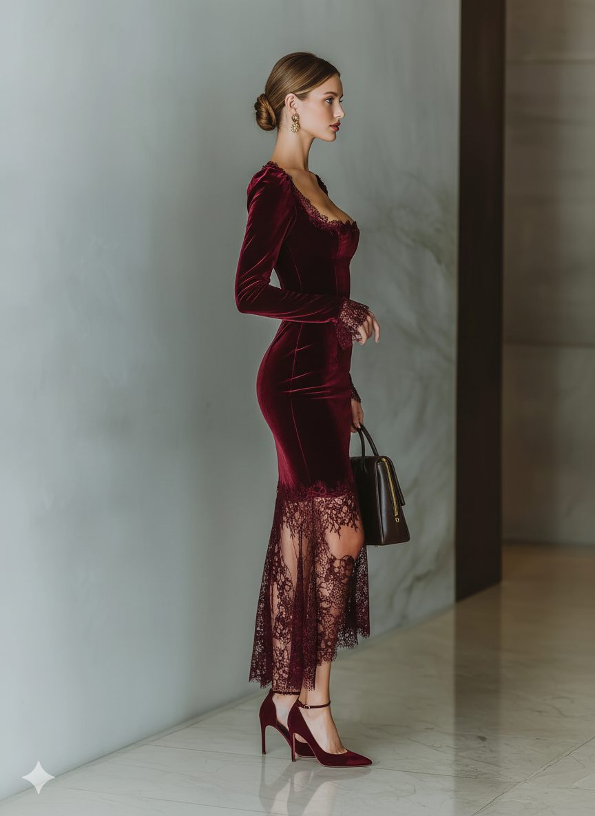 Velvet Maxi Dress with Lace Trim and Long Sleeves for Women - View 9