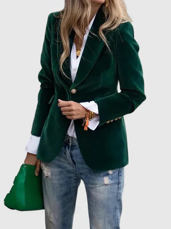 Velvet Single-Breasted Blazer for Women - Green