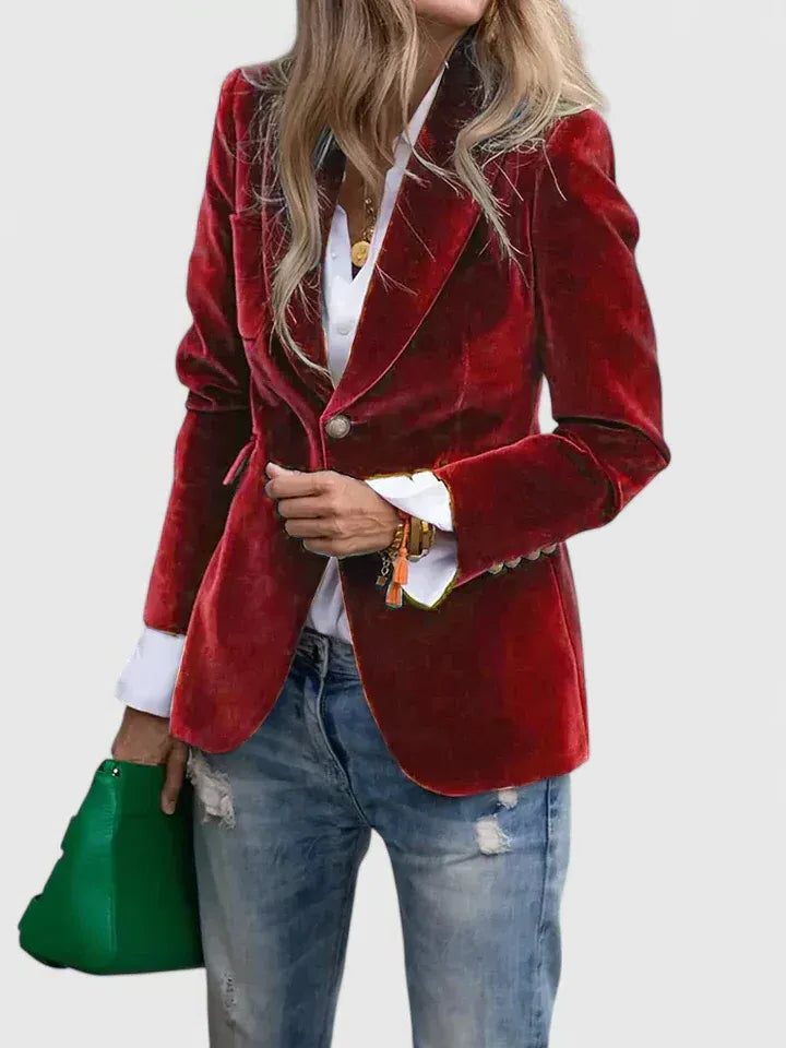 Velvet Single-Breasted Blazer for Women - Red