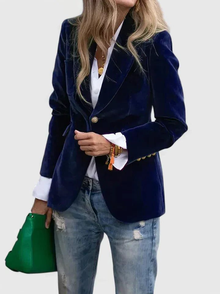 Velvet Single-Breasted Blazer for Women - Blue