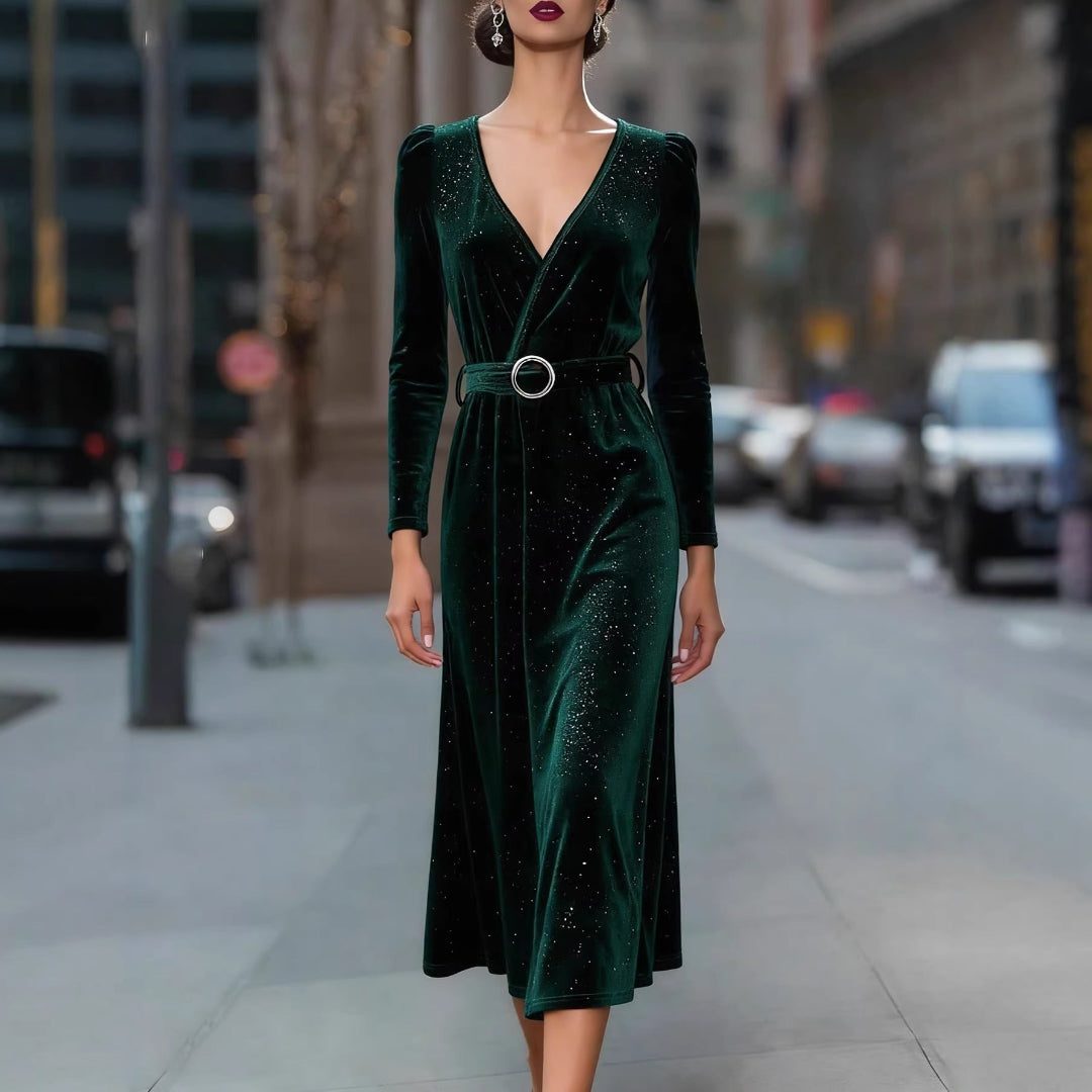 Velvet V-Neck Midi Dress with Belted Waist for Women