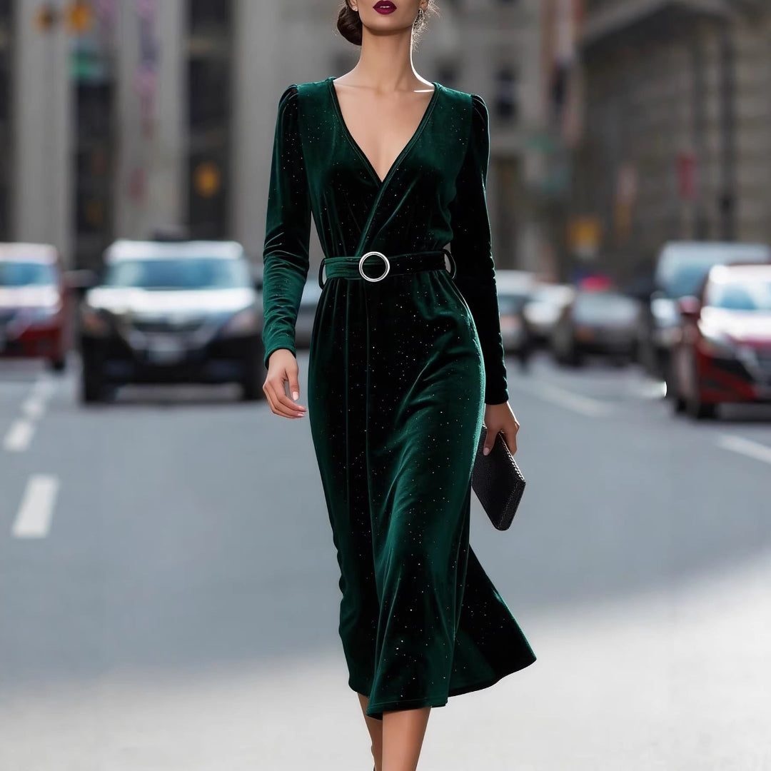 Velvet V-Neck Midi Dress with Belted Waist for Women - View 2