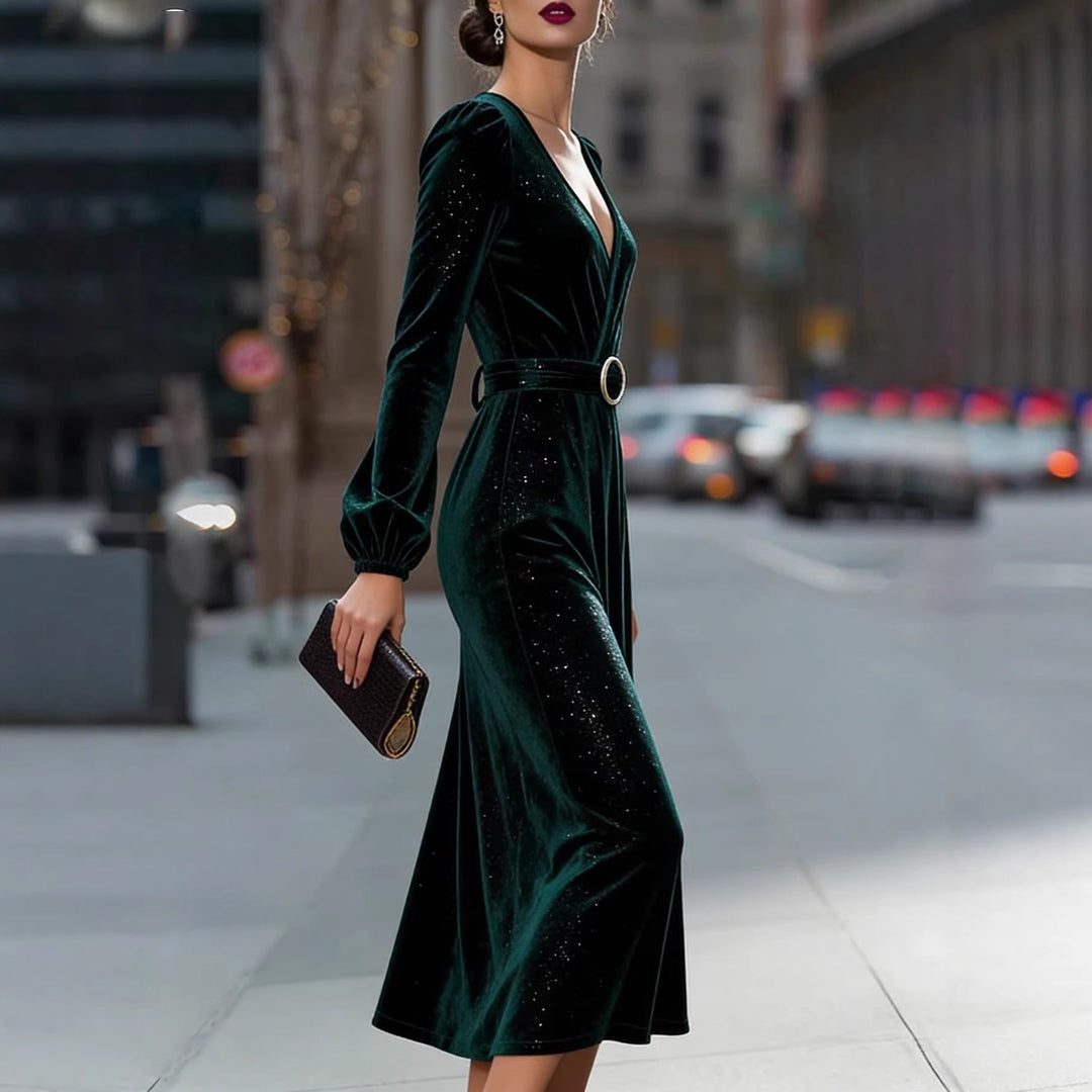 Velvet V-Neck Midi Dress with Belted Waist for Women - View 3