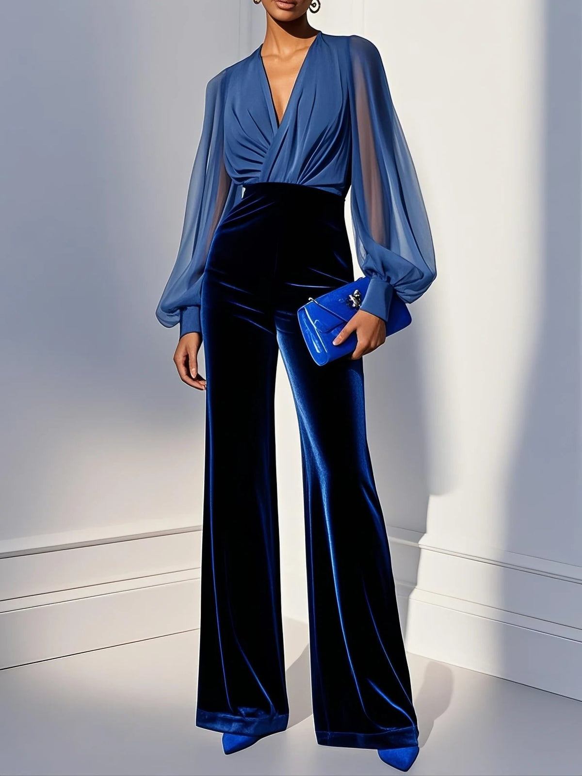 Velvet Wide Leg Jumpsuit with Sheer Wrap Top for Women