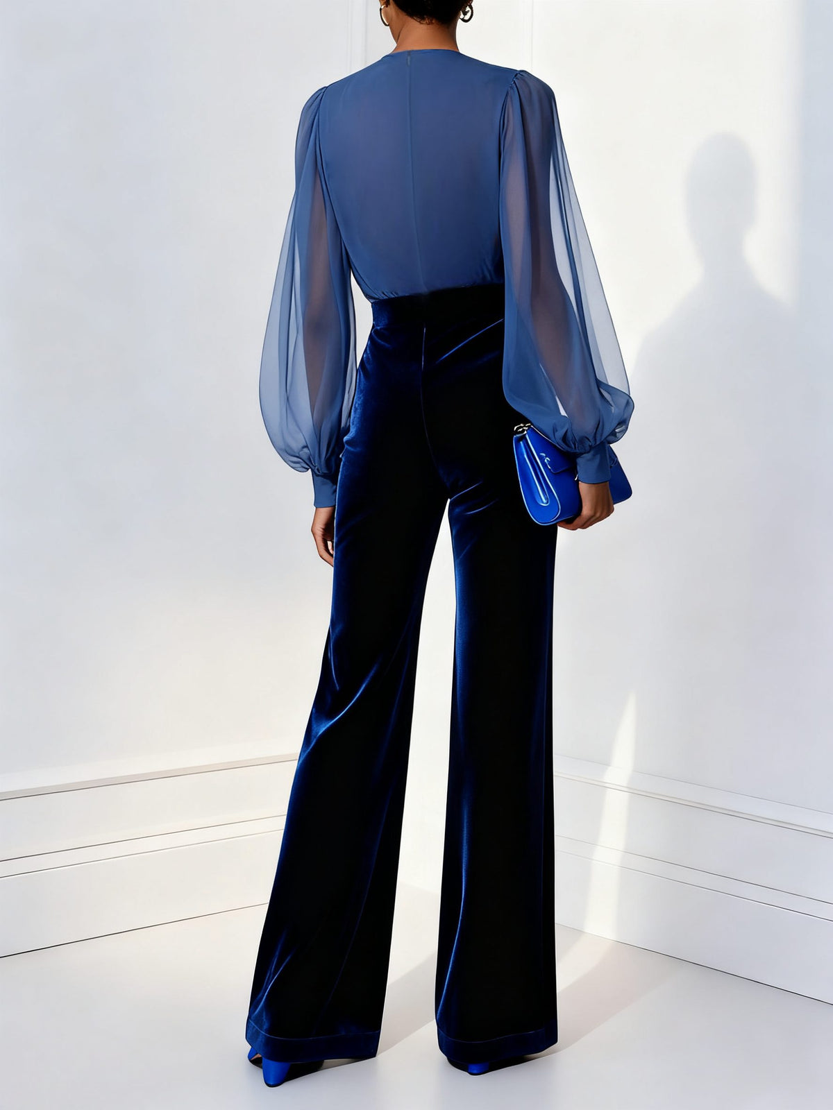 Velvet Wide Leg Jumpsuit with Sheer Wrap Top for Women - View 2