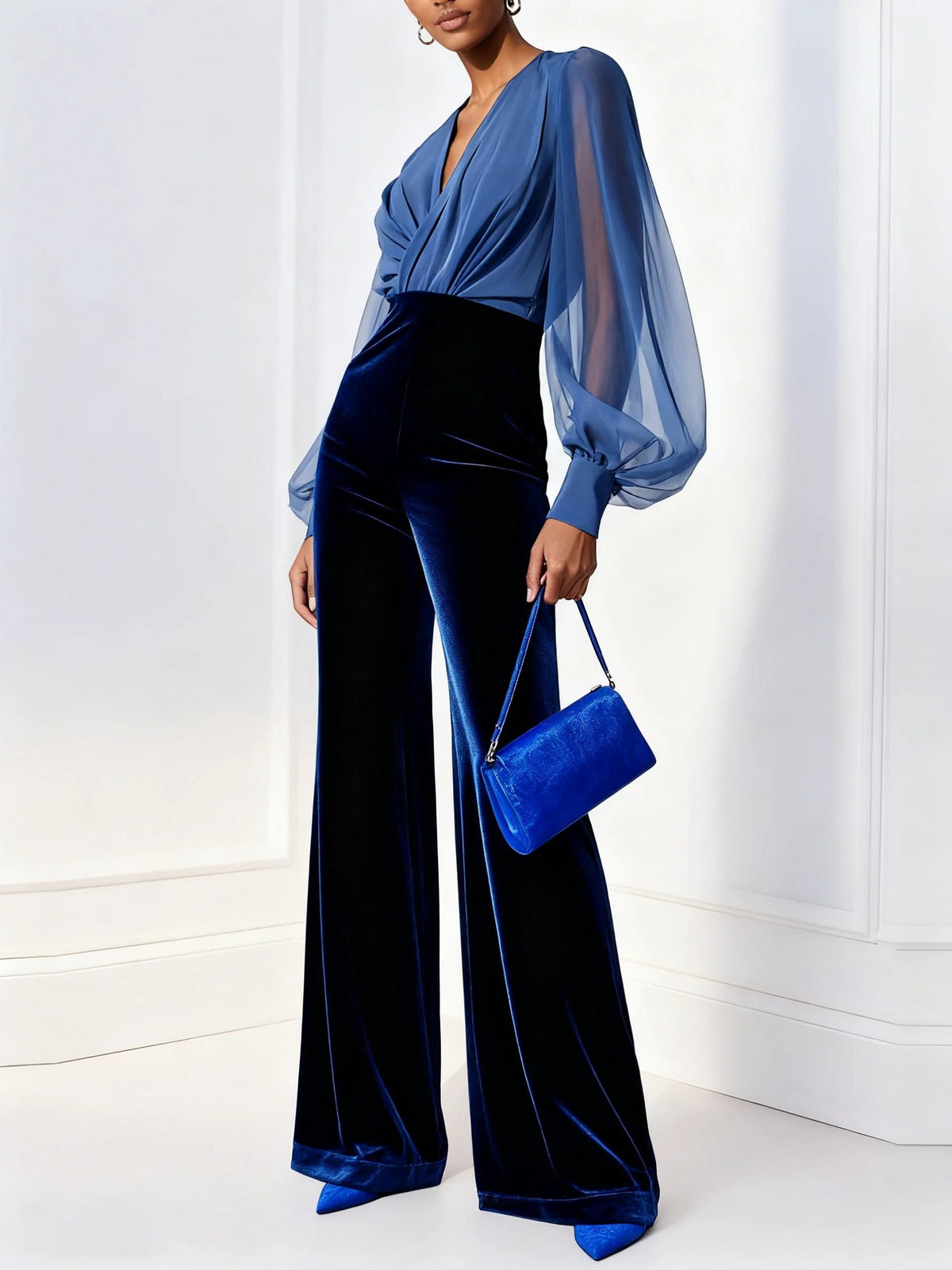 Velvet Wide Leg Jumpsuit with Sheer Wrap Top for Women - View 4