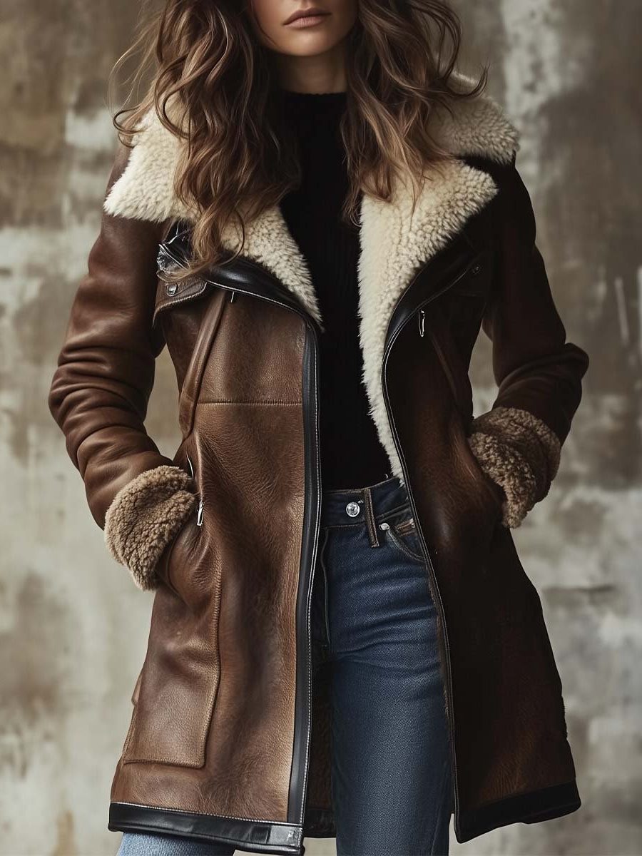 Vintage Leather Coat with Faux Fur Collar for Women - Coat
