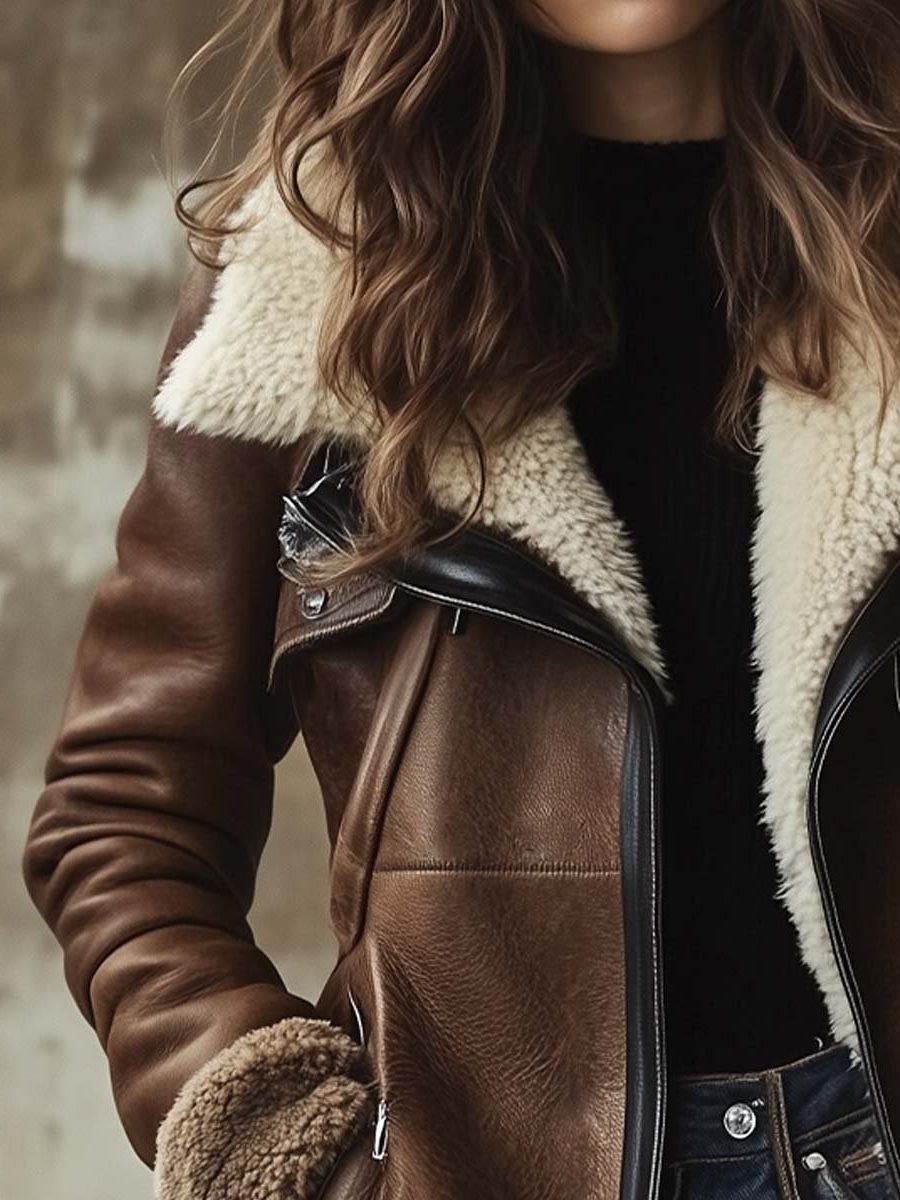 Vintage Leather Coat with Faux Fur Collar for Women - Coat