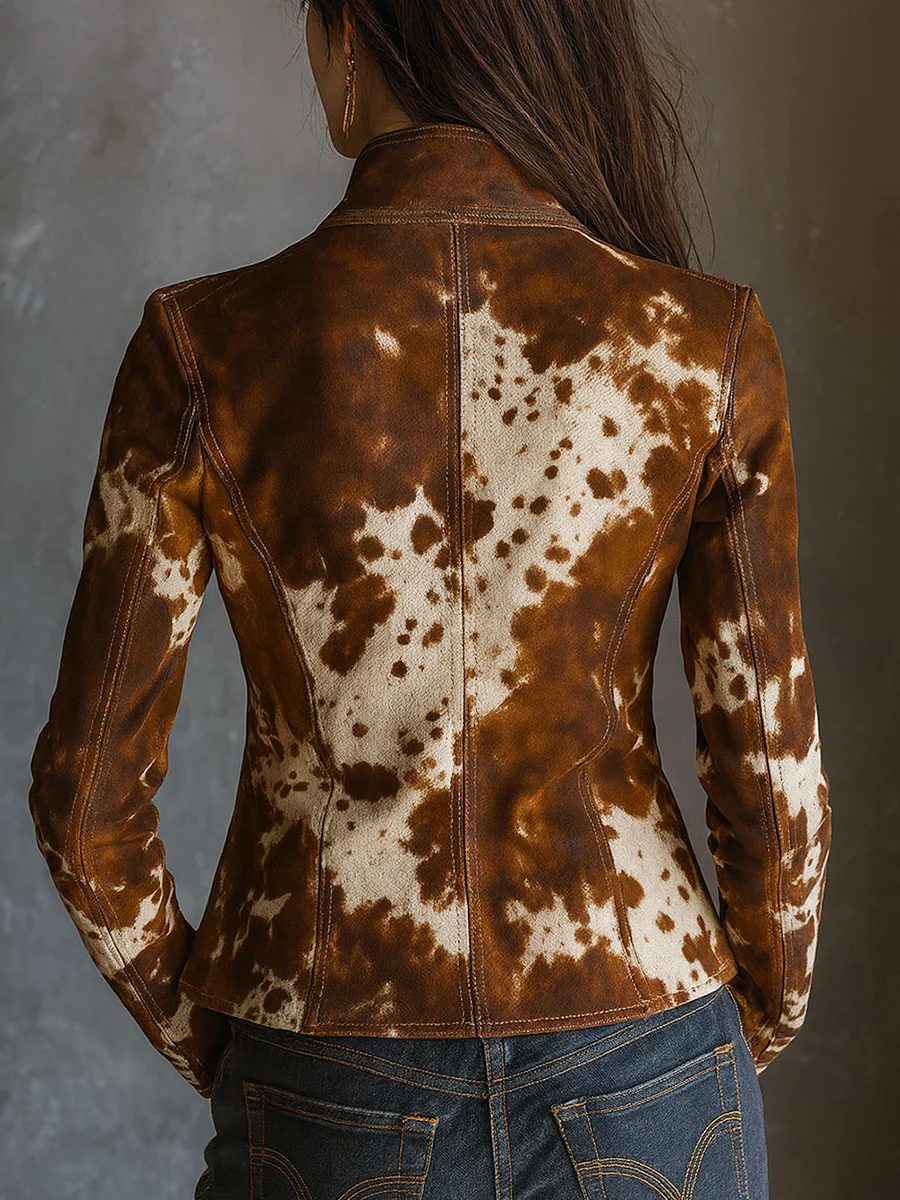 Vintage Suede Cow Print Slim Fit Jacket for Women