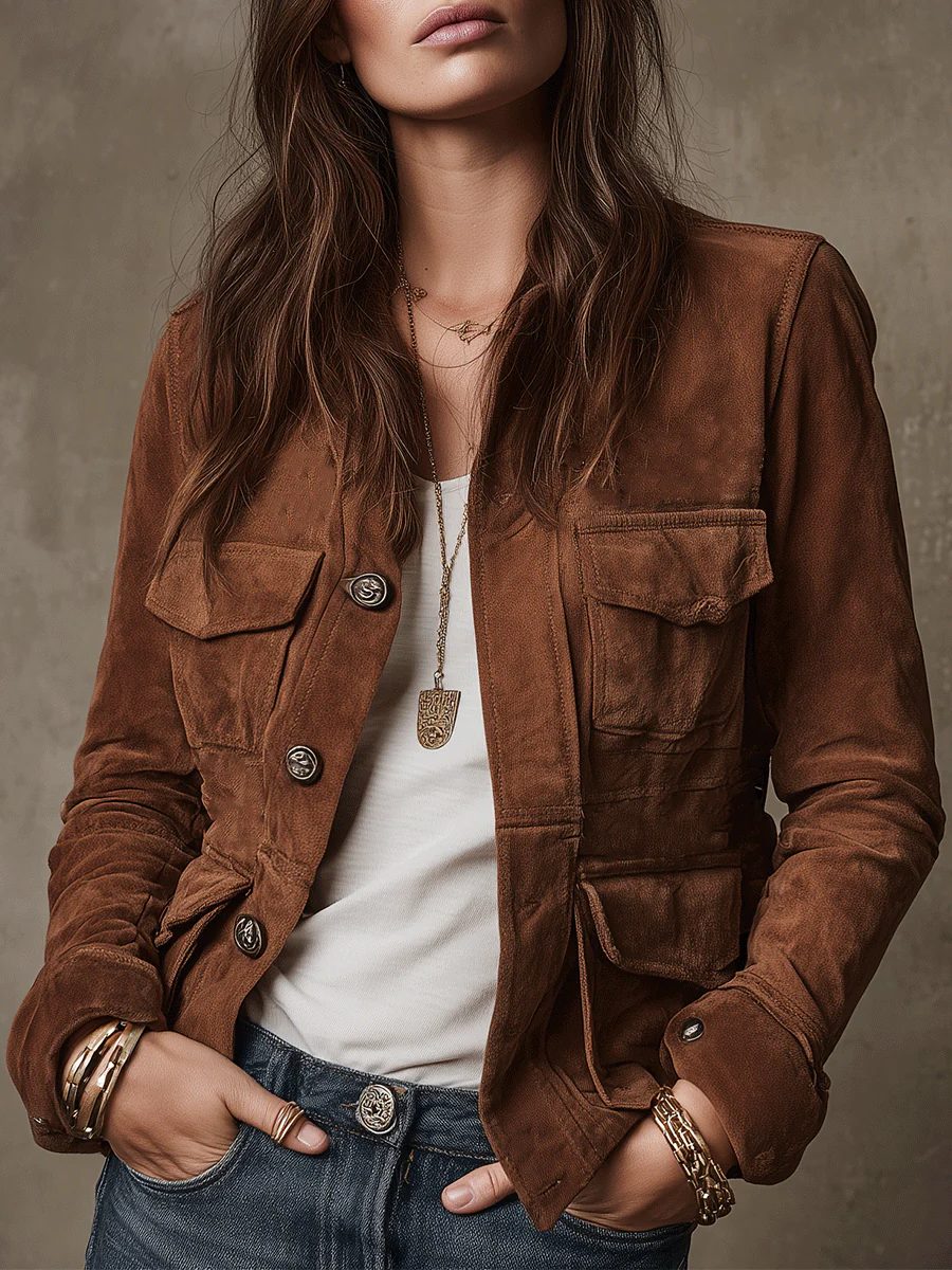 Vintage Suede Utility Jacket with Multi-Pocket Button-Down for Women