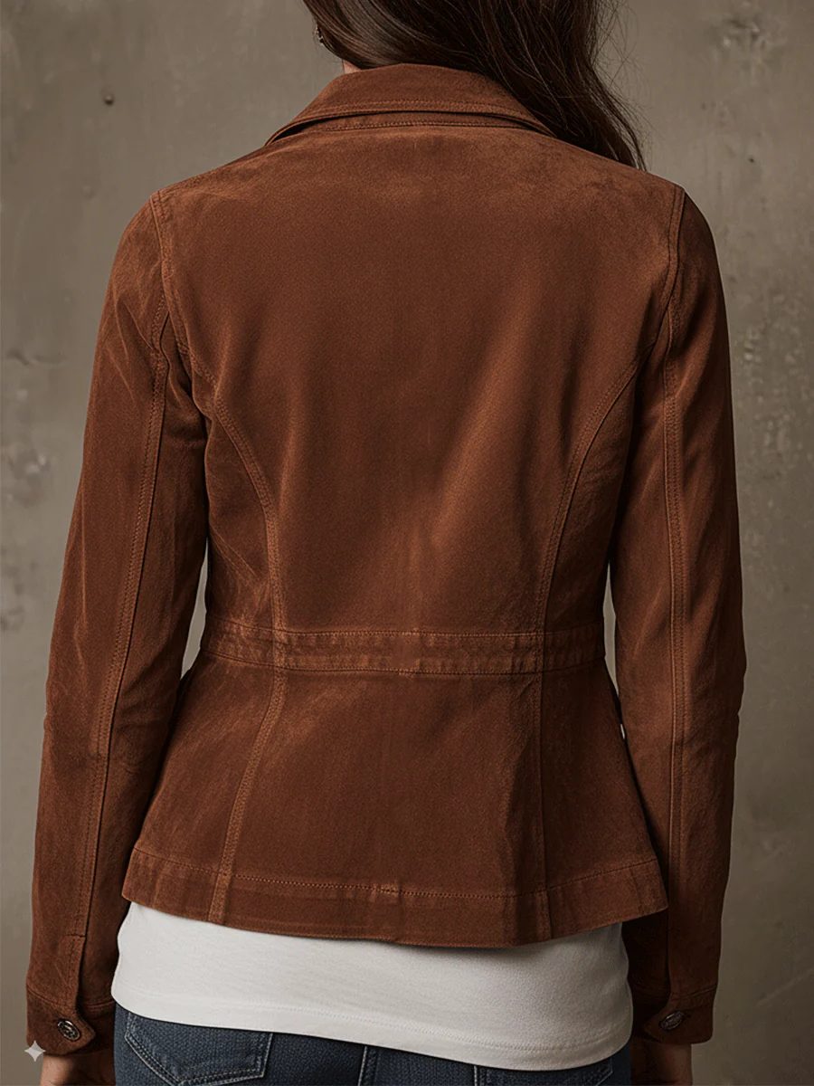 Vintage Suede Utility Jacket with Multi-Pocket Button-Down for Women