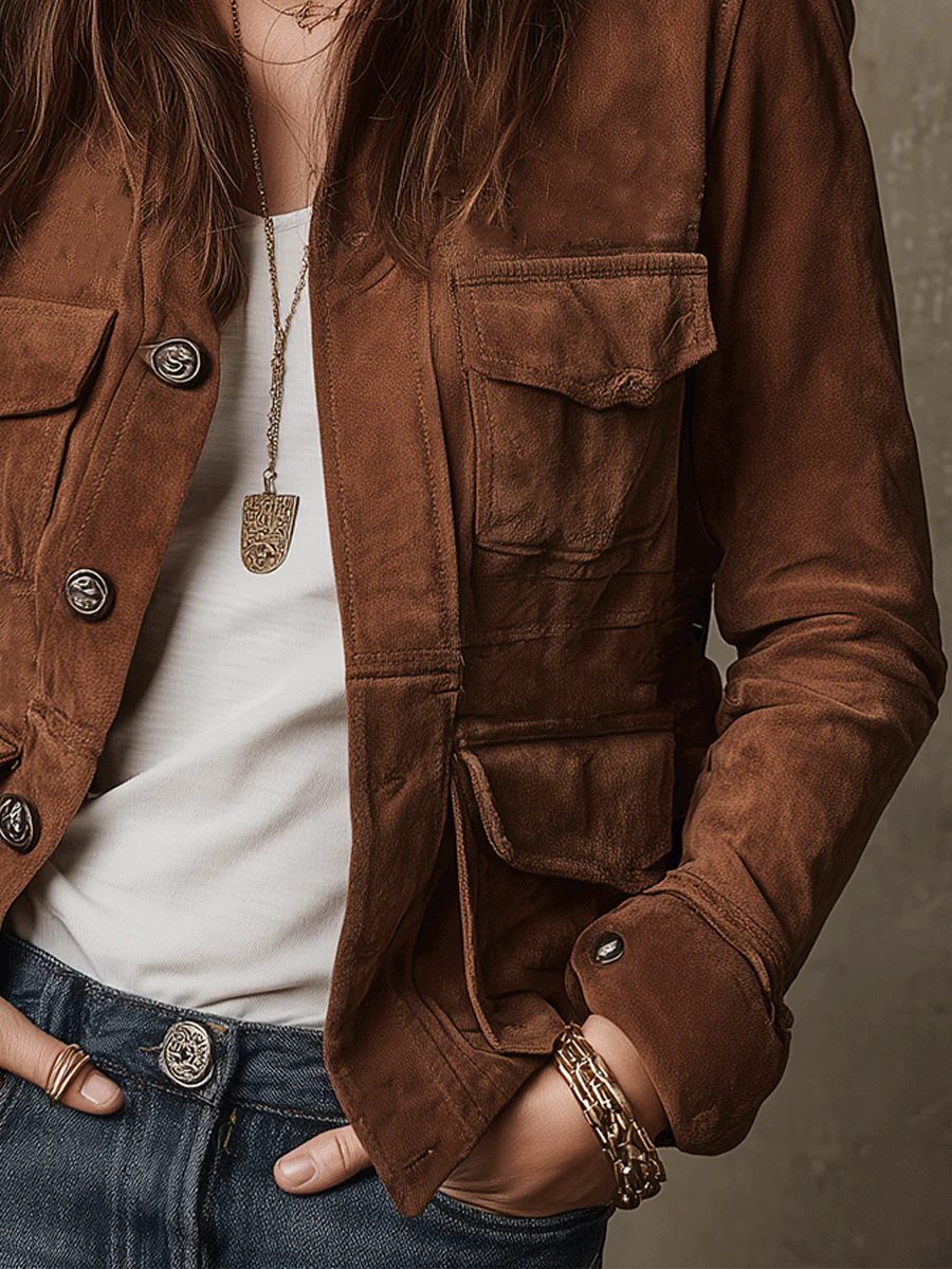 Vintage Suede Utility Jacket with Multi-Pocket Button-Down for Women - View 4