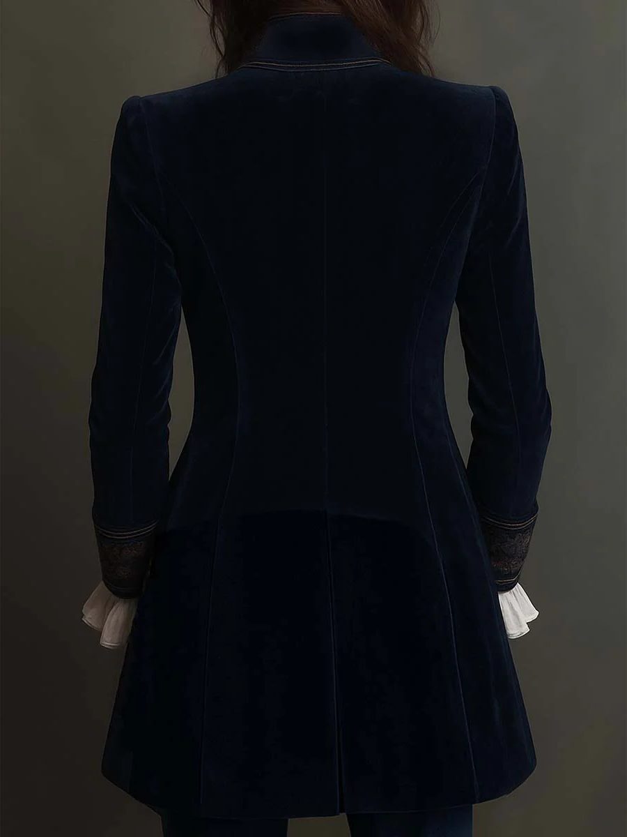 Vintage Velvet Long Jacket with Embroidered Lapels for Women